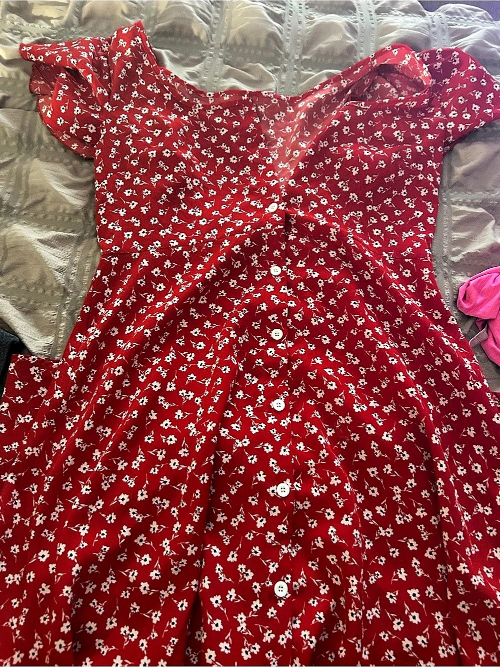 SHEIN Ditsy Floral Flutter Sleeve Button Front Dress Midi Dress Red & White